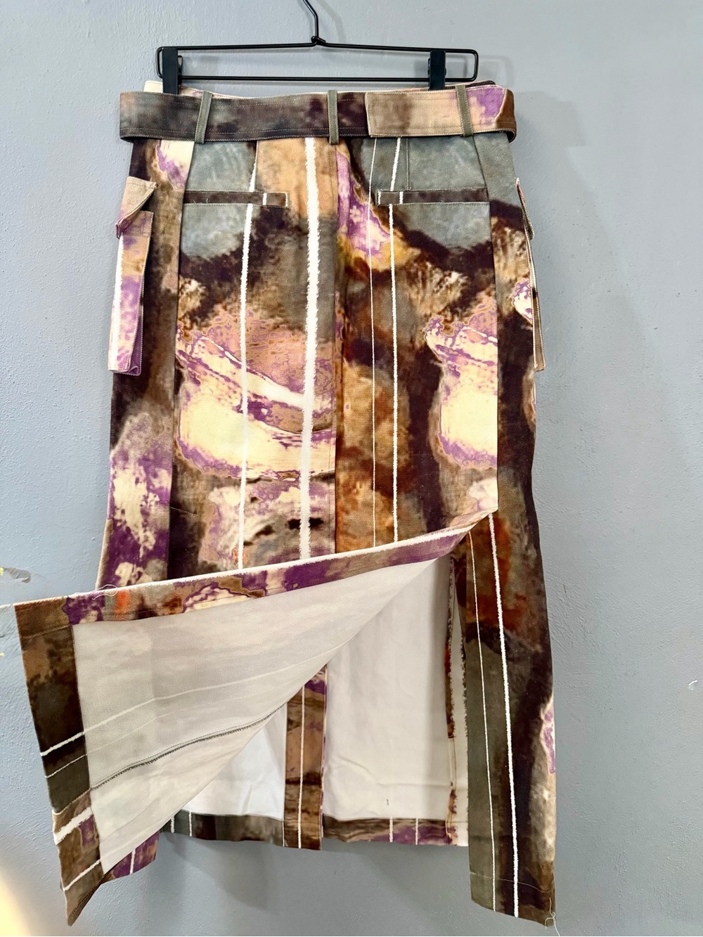 Tie-Dye A-Line Midi Denim  Skirt in Purple and Brown  with Belt - Picture 4 of 7